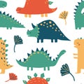 Hand drawn dinosaurs and tropical leaves Royalty Free Stock Photo